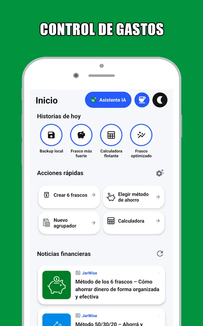 Inicio de JarWise con accesos a frascos, gastos rápidos y pagos pendientes.