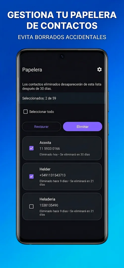 Papelera con contactos seleccionados para revisar antes de confirmar la eliminación.