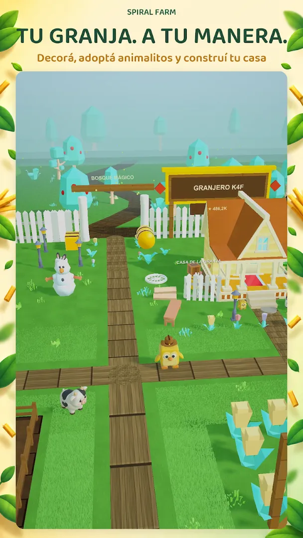 Vista de la granja con mascotas, caminos y elementos de construcción.