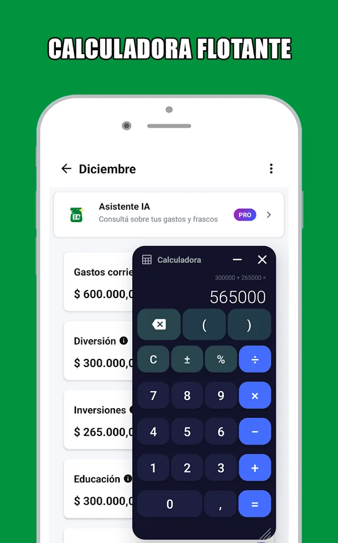 Calculadora flotante sobre un grupo de frascos de JarWise; función Pro.