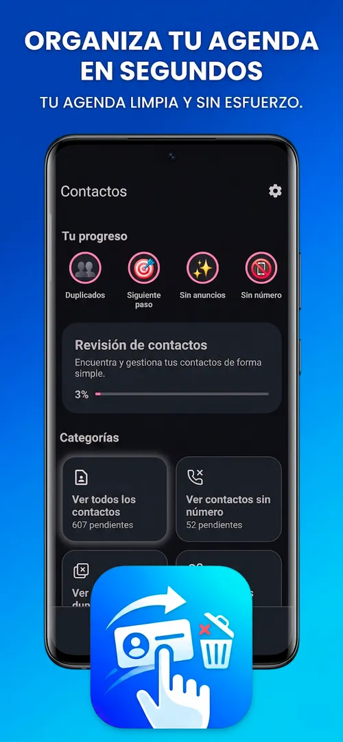 Inicio con el progreso de revisión y categorías para filtrar contactos.