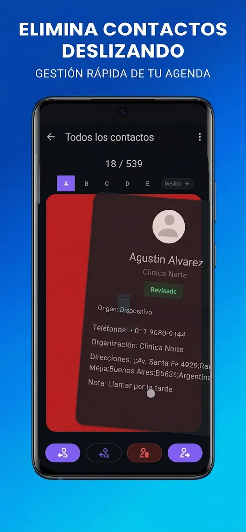 Tarjeta roja al deslizar un contacto hacia la izquierda para descartarlo.