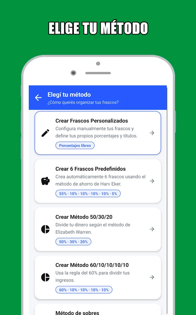 Pantalla para elegir el método de presupuesto y crear frascos.
